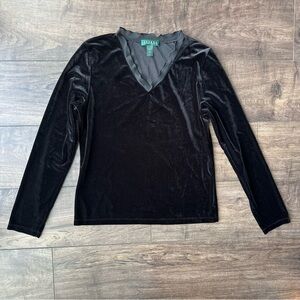 Lauren Ralph Lauren Black Velour V-Neck Long Sleeve Top - Women’s Size: Medium